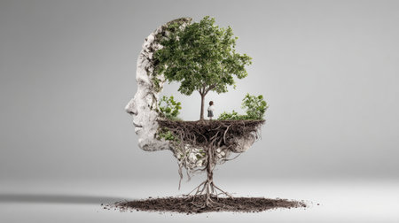 This imaginative artwork represents the connection between humanity and nature, featuring a tree emerging from a face with roots in soil, symbolizing growth and unity.の素材