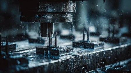 This striking image captures the intricate process of a milling machine cutting metal, enhanced by water cooling in a busy workshop setting.の素材