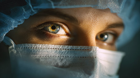 This striking close-up captures the intense gaze of a medical professional in a surgical mask and cap, reflecting determination and precision in their work.の素材