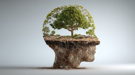 This conceptual image depicts a human head filled with a vibrant tree landscape, symbolizing the connection between nature and mental health. The lush greenery represents growth and mindfulness, inspiring thoughts of tranquility and wellness.の素材