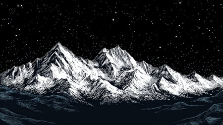 This breathtaking illustration captures a majestic mountain range under a starry night sky in striking black and white, evoking a sense of adventure and tranquility.の素材