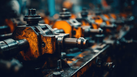 This close-up image showcases intricate machinery components within a factory setting, emphasizing the relationship between gears and mechanical parts, highlighting industrial production.の素材
