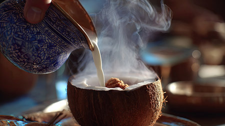 A serene scene depicting the process of pouring creamy liquid into a coconut bowl. Steam rises, enhancing the warm atmosphere, perfect for culinary enthusiasts.の素材