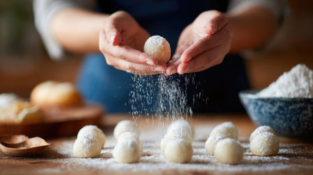 A close-up of hands expertly rolling sweet dough balls, dusted with sugar on a wooden table, showcasing the warmth and charm of home baking.の素材