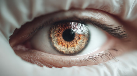 This close-up image showcases a stunning human eye, highlighting the intricate details of the iris and pupil. The rich colors and textures invite admiration and curiosity.の素材