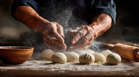 A skilled baker expertly shapes dough, creating perfectly rounded balls in a rustic kitchen filled with warm light and a touch of flour dust.の素材