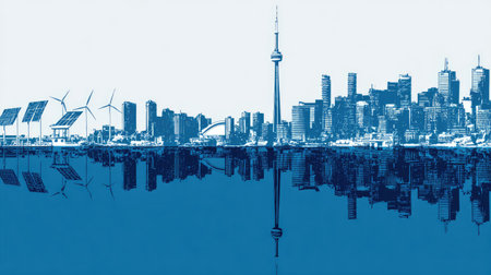 A striking urban skyline featuring the iconic CN Tower, solar panels, and wind turbines set against a blue backdrop, reflecting on serene waters.の素材