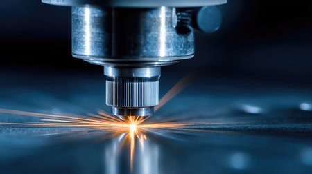 This close-up image showcases an industrial laser cutting machine in action, producing bright sparks as it processes a metal surface in a dark setting.の素材