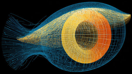 This abstract 3D illustration features a fish design that embodies fluid dynamics and motion concepts using vibrant blue, yellow, and orange colors.の素材