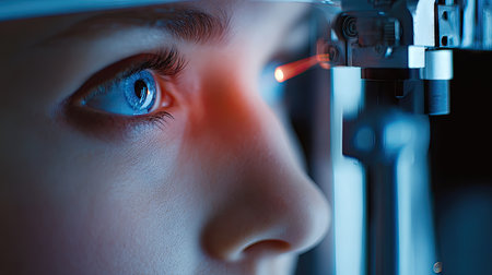 A detailed close-up view of a patient undergoing an eye examination, highlighting the optical equipment and laser light used in modern healthcare diagnostics.の素材