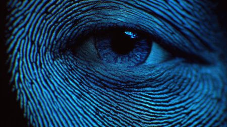 This striking image showcases a close-up of an eye intricately intertwined with unique fingerprint patterns, highlighting the fusion of identity and technology.の素材