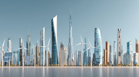 A stunning view of a futuristic urban skyline featuring tall skyscrapers, modern architecture, wind turbines, and solar panels under a blue sky.の素材