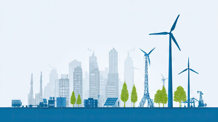 Illustrative cityscape showcases various renewable energy sources with wind turbines and solar panels, emphasizing the blend of urban living and sustainability.の素材