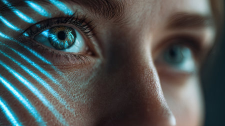 This stunning close-up features a human eye illuminated by blue light, showcasing intricate details in the iris and skin texture, perfect for creative projects.の素材