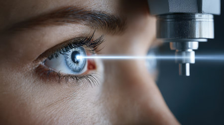 Close-up view of a modern eye examination procedure using laser technology, showcasing the precision and care involved in assessing vision and eye health.の素材