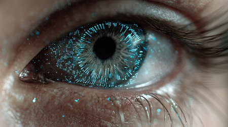 This striking close-up features a futuristic eye enhanced with digital particles and abstract data visualization, representing advanced technology and creativity.の素材