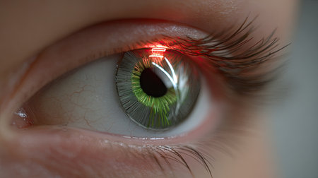 This striking close-up image showcases a human eye featuring vibrant green hues and a captivating red reflection, highlighting intricate iris details.の素材
