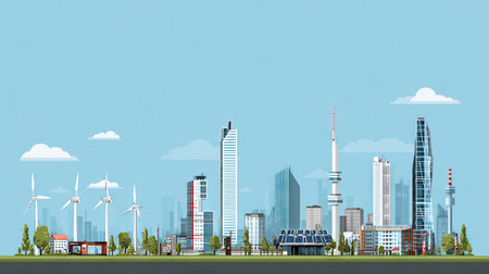 A vibrant urban skyline featuring wind turbines and solar panels, showcasing a blend of modern architecture and sustainable energy practices against a clear blue sky.の素材