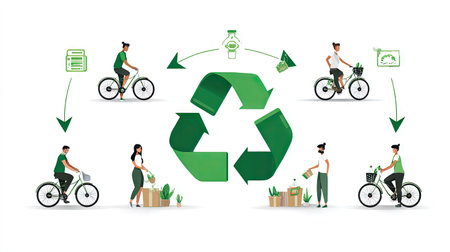This engaging illustration depicts individuals cycling and practicing recycling, showcasing the importance of sustainable habits in urban settings.の素材