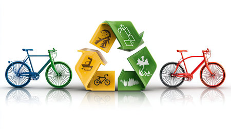 This image features vibrant bicycles in blue and red flanking a recycling symbol, representing sustainable transport, eco-awareness, and environmental advocacy.の素材