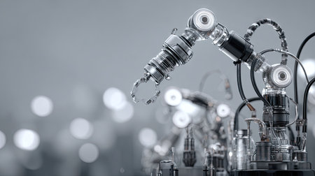 This image captures an intricate robotic arm with a metallic design, emphasizing technological advancement in automation, set against a soft industrial backdrop.の素材