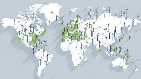This detailed world map showcases the distribution of wind turbines globally, emphasizing renewable energy potential and sustainability initiatives in various regions.の素材