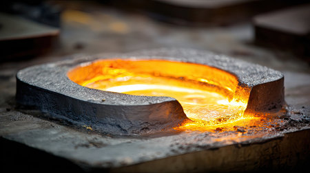 A captivating close-up of molten metal pouring into a cast, highlighting the vibrant orange and yellow heat within an industrial foundry.の素材