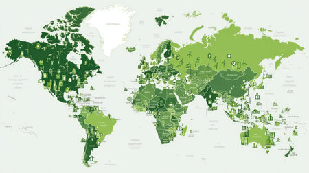 This detailed map illustrates global green energy sources and sustainable practices, showcasing diverse renewable resources and their distribution worldwide.の素材