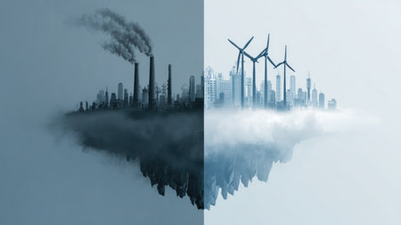 This image illustrates the stark contrast between an industrial city emitting pollution and a clean skyline powered by renewable energy sources, highlighting environmental challenges.の素材