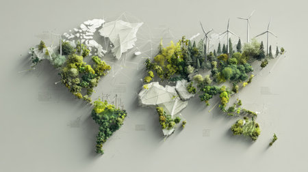 This artistic illustration showcases a world map enriched with vibrant greenery and wind turbines, symbolizing the harmony between nature and renewable energy.の素材