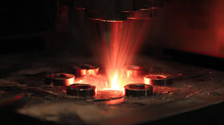 Close-up of high-temperature metal processing showing vibrant sparks and heat emission from industrial machinery in a dark setting, emphasizing intense energy.の素材