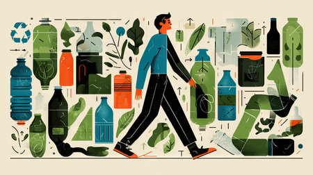 A vibrant illustration featuring a man walking through a collection of recycled bottles and greenery, symbolizing sustainability and environmental care.の素材