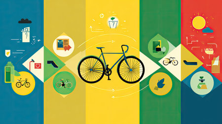This colorful illustration features a bicycle at the center, surrounded by eco-friendly icons and geometric shapes, highlighting sustainable transportation and outdoor enjoyment.の素材