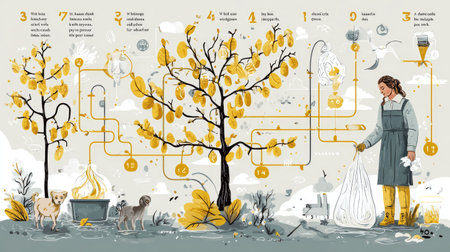 A vibrant illustration depicting a woman actively participating in eco-friendly practices, surrounded by autumn trees and playful dogs, promoting a green lifestyle.の素材