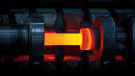 This captivating image showcases the intense process of forging metal in an industrial setting, emphasizing the vibrant orange heat emitted from the hot workpiece.の素材