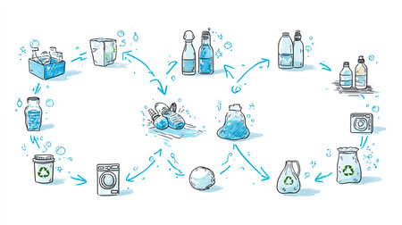 This illustration depicts the water recycling process, highlighting various bottles and containers in a creative and informative manner. It emphasizes sustainability and environmental awareness.の素材