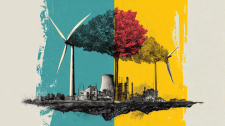 This artistic illustration captures the stark contrast between nature and industrial environments, highlighting wind turbines and smoke stacks amid vivid colors.の素材