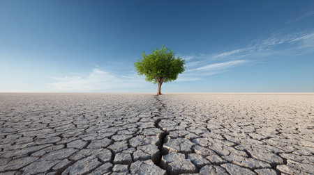 A solitary green tree thrives on a cracked dry landscape, symbolizing resilience and hope amid drought conditions under a vast blue sky.の素材
