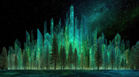 A breathtaking ethereal landscape featuring towering crystal structures and lush evergreen trees, illuminated under a starry night sky, creating a serene and dreamlike atmosphere.の素材