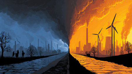 This striking image captures the stark contrast between a polluted industrial landscape and a sustainable future powered by renewable energy, emphasizing environmental awareness.の素材