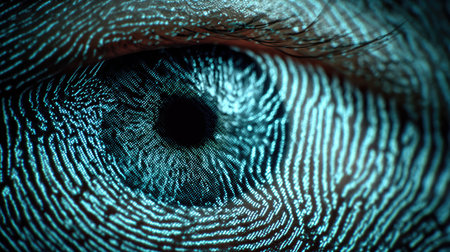 A mesmerizing close-up image featuring a human eye intricately intertwined with unique fingerprint patterns, showcasing advanced digital effects. Perfect for representing technology concepts.の素材