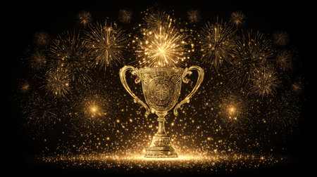 A stunning golden trophy shines brightly against a dark backdrop, surrounded by festive fireworks and sparkling lights, symbolizing achievement and celebration.の素材