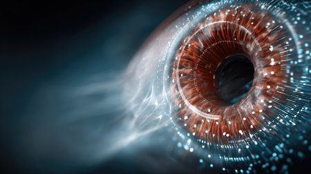 This stunning image features a close-up of a human eye surrounded by glowing particles, set in a vibrant digital atmosphere, ideal for themes of technology and perception.の素材