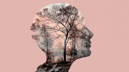 This artistic double exposure captures a human silhouette intertwined with serene natural elements, showcasing beauty and tranquility in harmonious pastel tones.の素材
