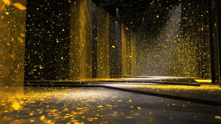 Dynamic scene featuring a shower of glittering gold confetti against a spotlighted empty stage. Perfect for showcasing events, celebrations, or artistic visuals.の素材