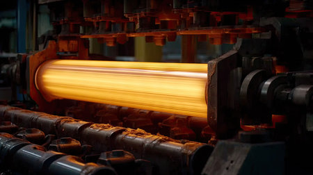 A captivating scene in an industrial factory showcasing the dynamic process of metal rolling. The bright orange glow from machinery highlights the intensity and innovation involved in manufacturing.の素材