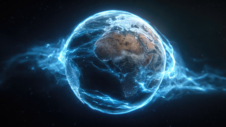 This captivating depiction of Earth showcases the planet enveloped in vibrant blue energy currents, symbolizing technology and global connectivity.の素材