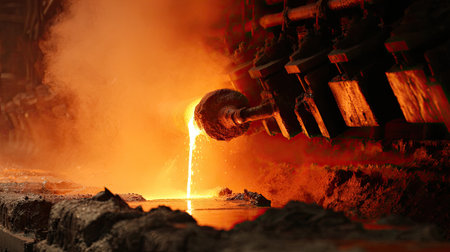 A vivid scene in a foundry workshop captures the moment molten metal streams from industrial equipment, creating an intense glow and steam.の素材