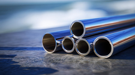 A close-up view of polished metallic pipes stacked together, showcasing their shiny surfaces and reflections against a serene natural backdrop by the water.の素材