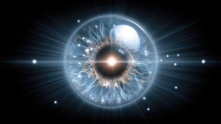This captivating abstract image features a cosmic eye radiating energy rays with glowing particles in a dark background, symbolizing perception and exploration.の素材